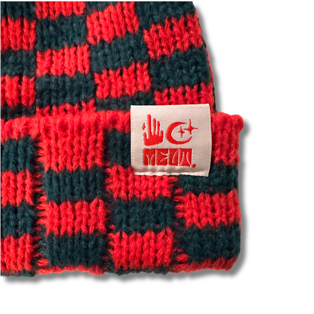 Checkered Over-Sized Knit Beanie - Red/Forrest Green