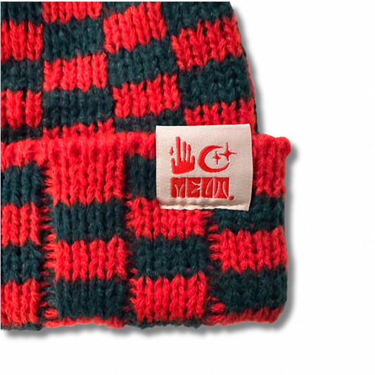 Checkered Over-Sized Knit Beanie - Red/Forrest Green