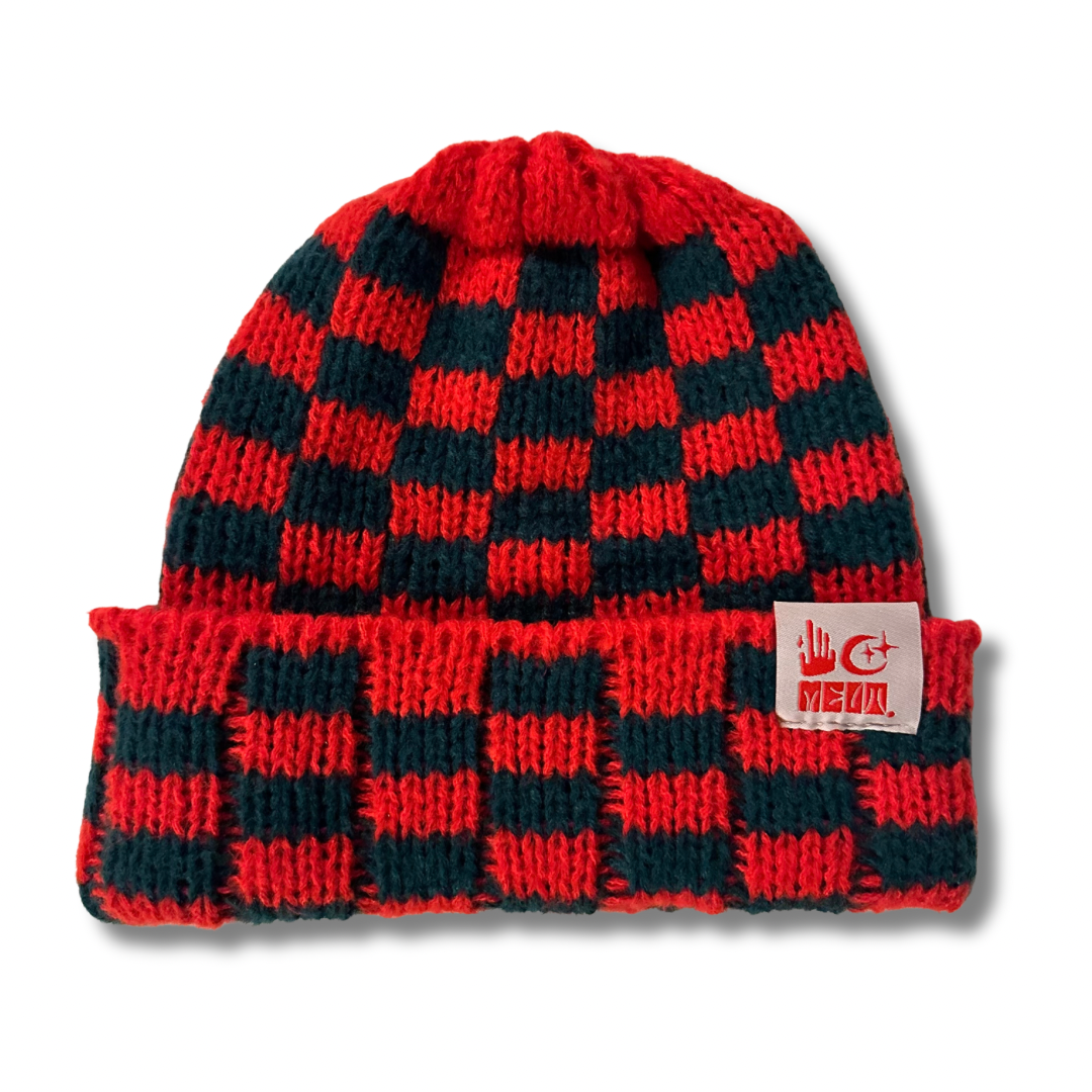 Checkered Over-Sized Knit Beanie -  Red/Forrest Green