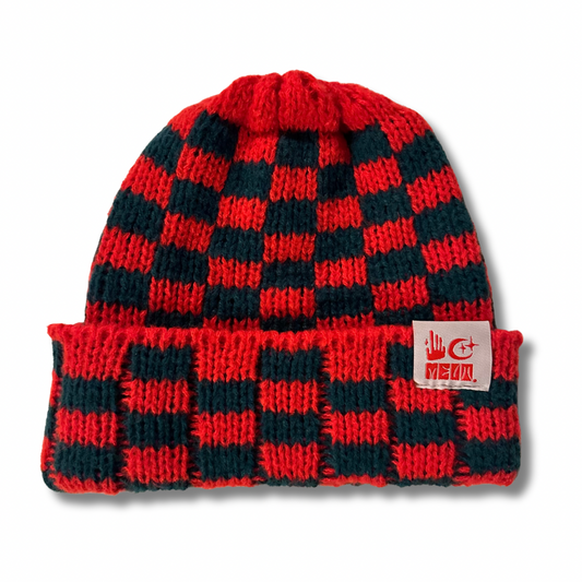 Checkered Over-Sized Knit Beanie -  Red/Forrest Green