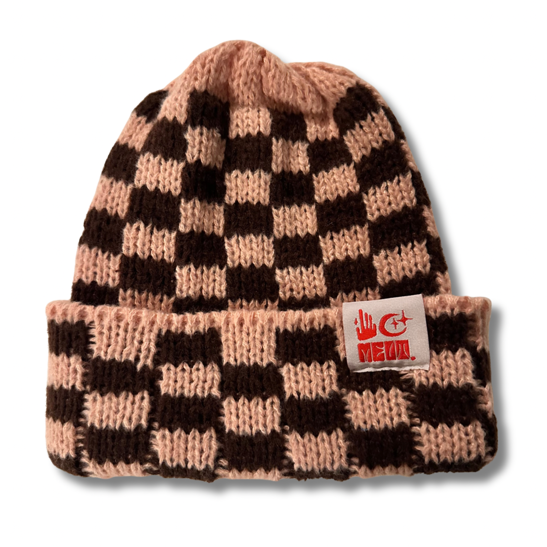 Checkered Over-Sized Knit Beanie -  Pink/Brown