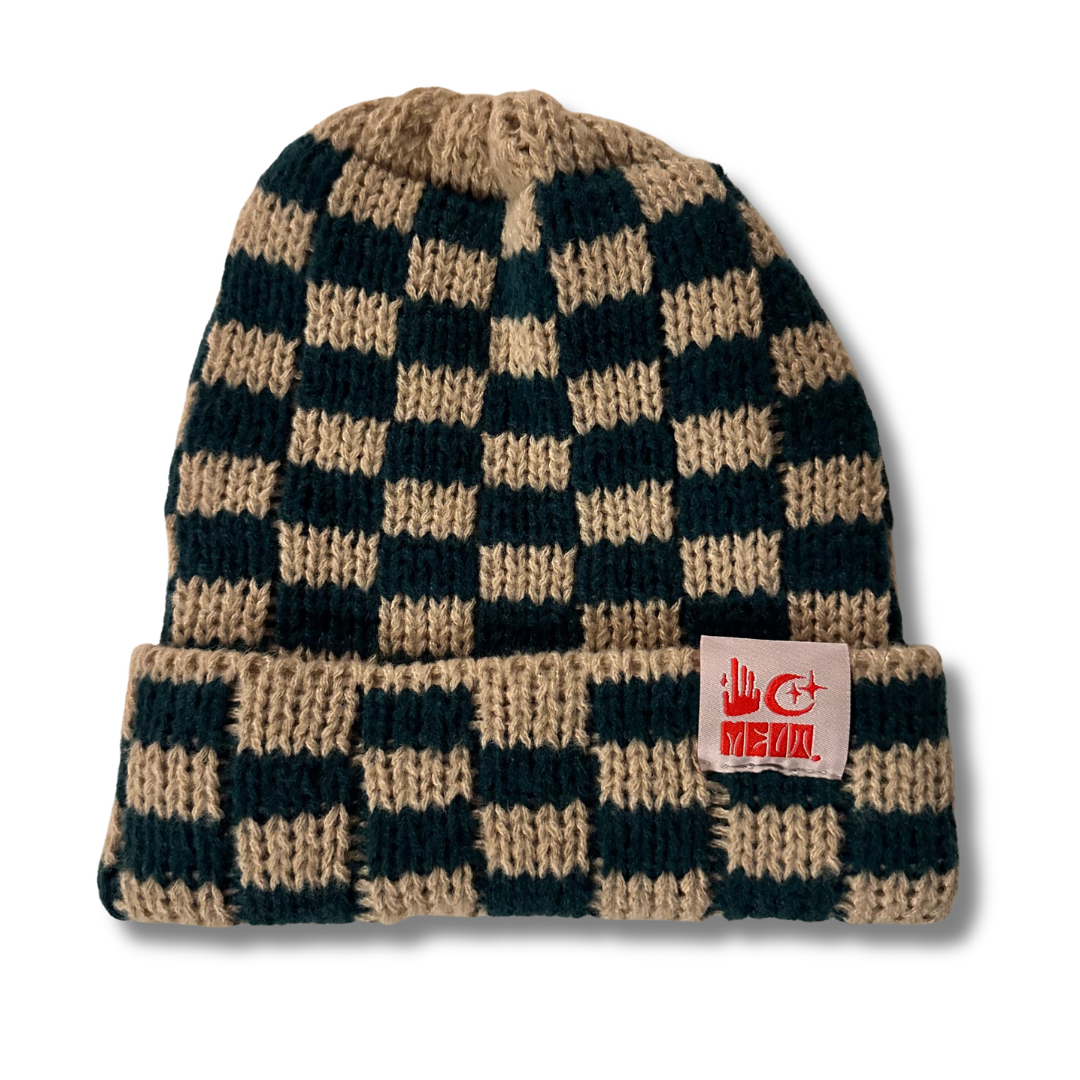 Checkered Over-Sized Knit Beanie - Tan/Forrest Green