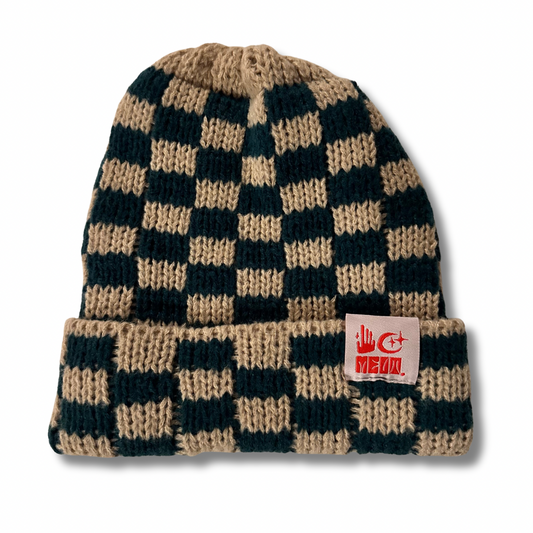 Checkered Over-Sized Knit Beanie - Tan/Forrest Green