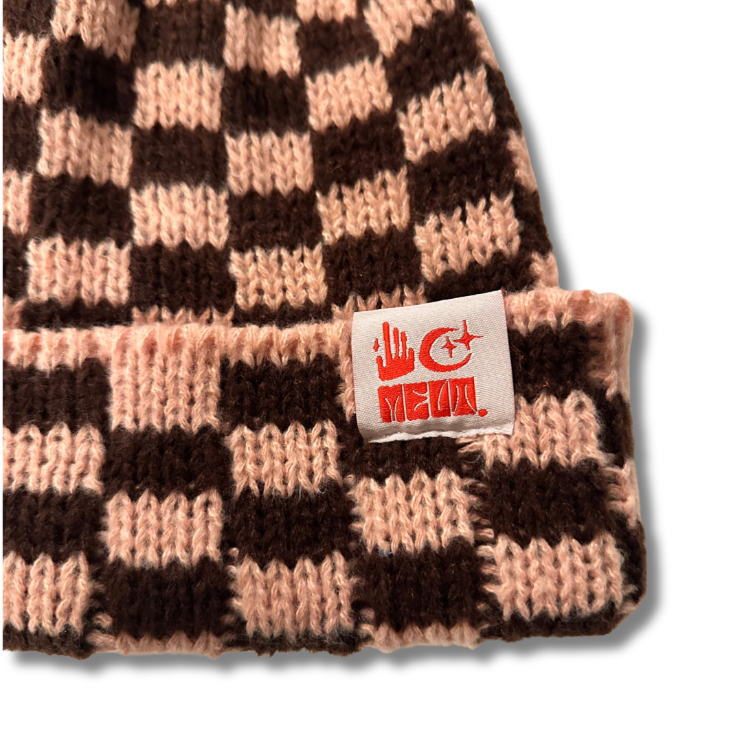 Checkered Over-Sized Knit Beanie -  Pink/Brown