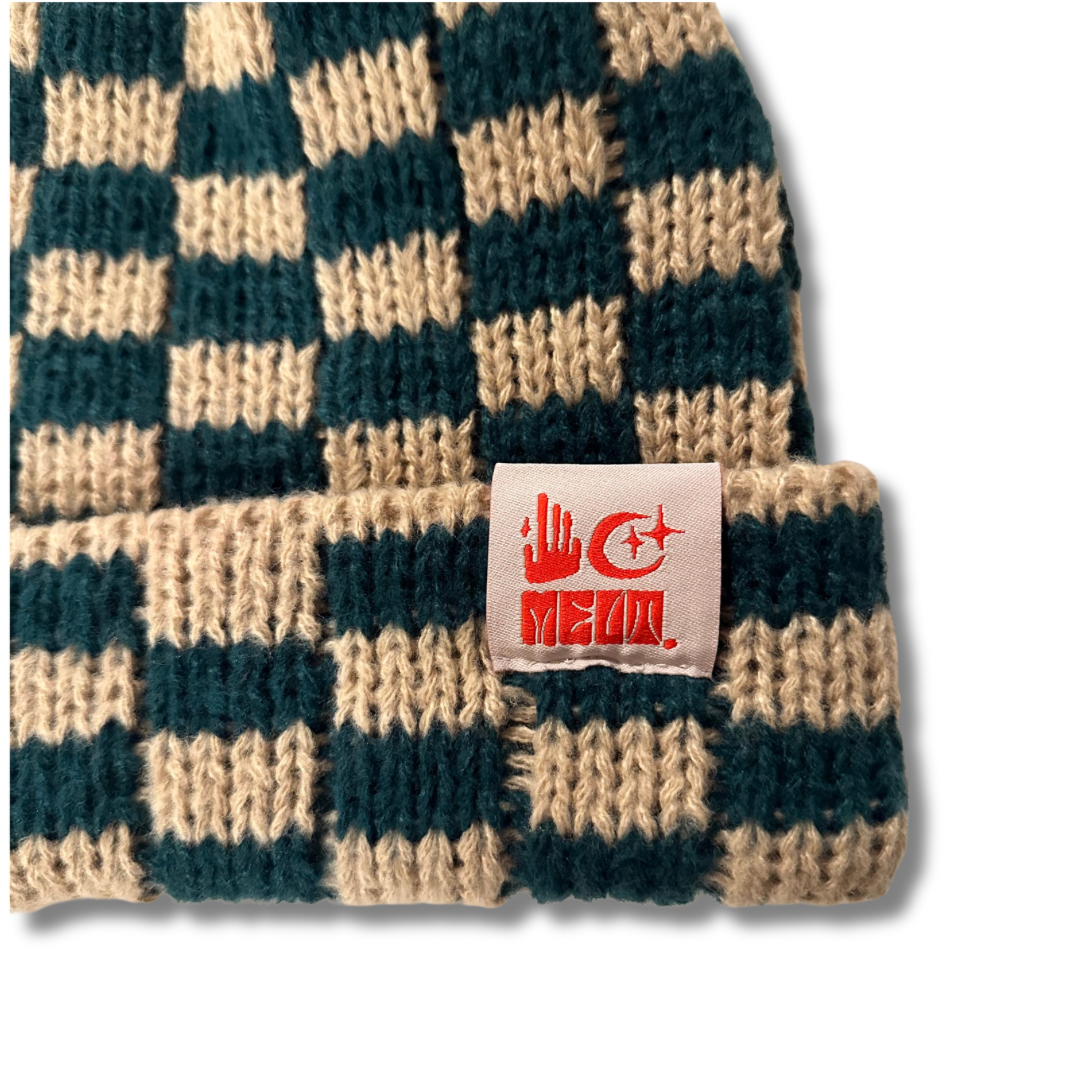 Checkered Over-Sized Knit Beanie - Tan/Forrest Green